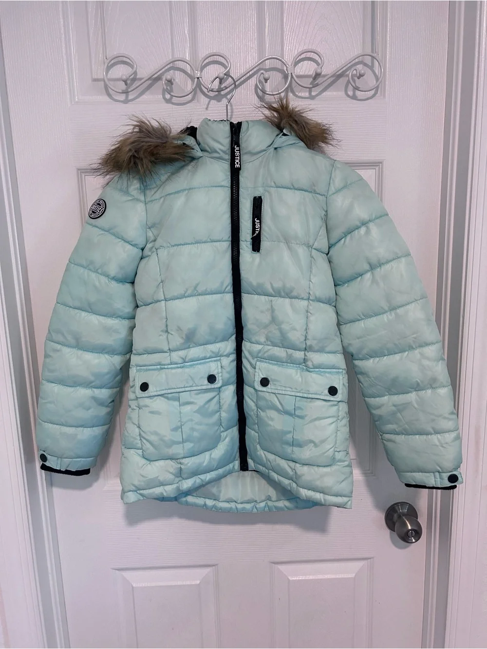 Justice Girls' Light Ice Blue Puffer Coat with Faux Fur Removable Hood Size 8